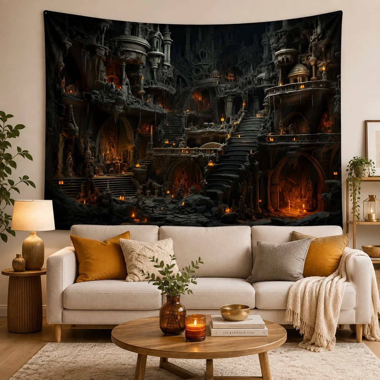 Vintage Gothic Castle Tapestry Polyurethane Fabric, Horror Theme Wall Hanging for Halloween, Vampire Castle Interior Scene, No Electricity Needed, Featherless, Ideal for Halloween Party Decoration