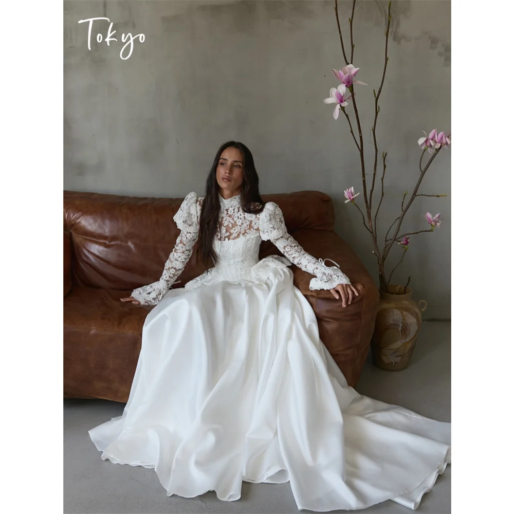Tokyo Puff Sleeve High Neck Crochet Satin Bridal Gown Satin A Line Vintage Victorian Church Wedding Ceremony Lace Wedding Dress