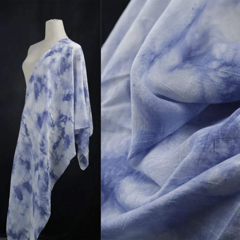 

Semi Transparent Soft Thin Blue Tie Dye Printed Deep Blue Texture Cotton Linen Fabric Shirt Dress Fabric