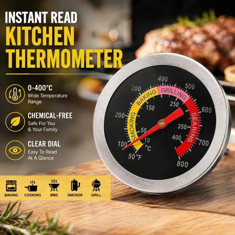Digital Instant Read Kitchen Thermometer 0-400℃, Chemical-Free, Clear Dial, for Baking Cooking BBQ Smoker Grill