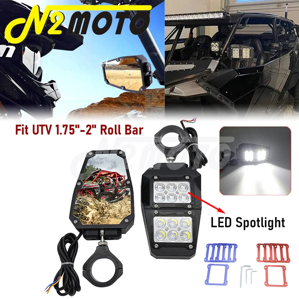 

For Polaris Ranger RZR XP 400/500/700/800/900/1000 Yamaha Rhinos Viking 1.75"-2" Bar UTV Rear Side View Mirrors LED Spot Light