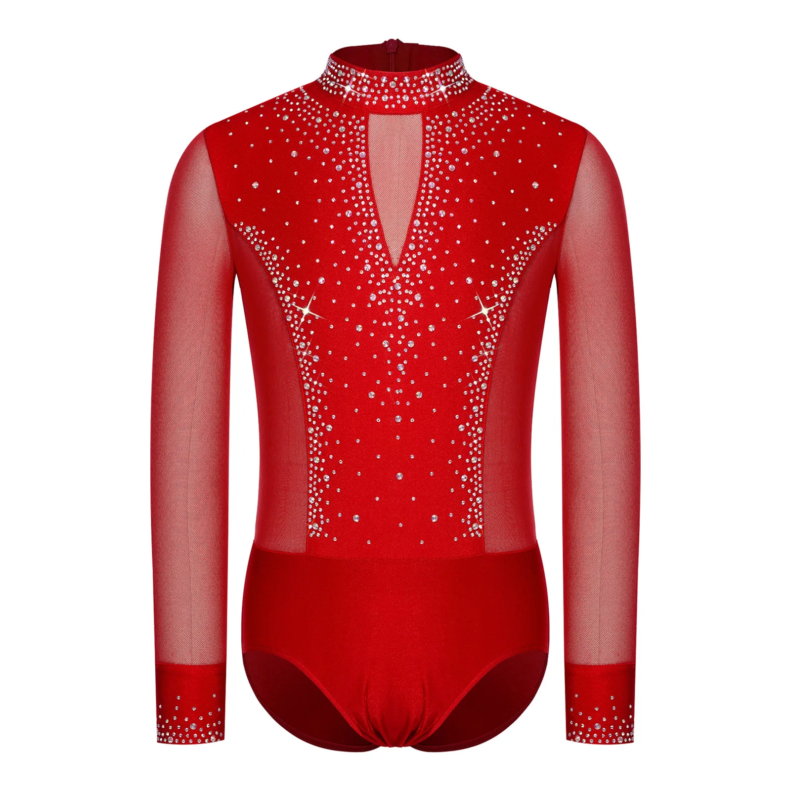 Kinder Jungen Strass-Bodysuit Jumpsuit Langarm Mesh-Bodysuit Gymnastik Ballett Trikot Eiskunstlauf Auftritts-Kostüm – Detail 3