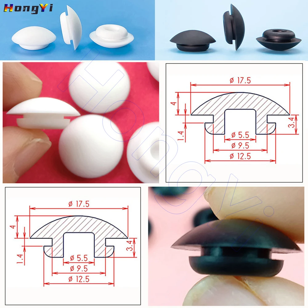 9.5 mm Hole Plug Snap-on, Silicone Rubber Seal T-Shape Gasket Inserts Bungs, Blanking End Caps Stopper, Black White -40℃ to 250℃