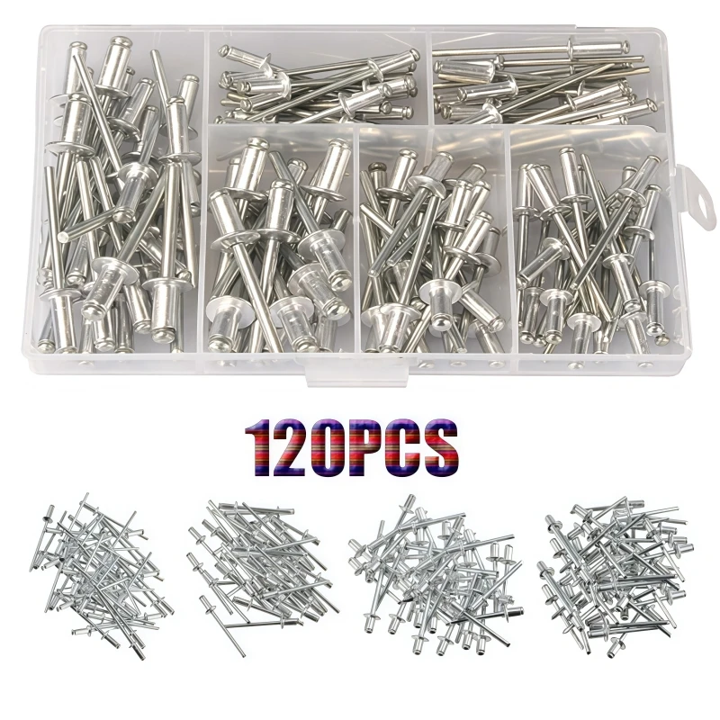 120pcs Blind Rivets Aluminum M3.2 M4 Dome Head Blind Pop Rivets Assorted Set Rivet Kit Nail Pull For Furniture Assortment Kit
