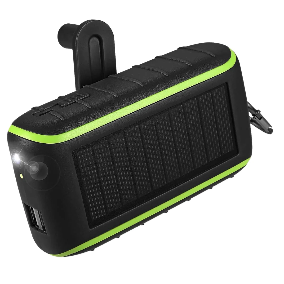 เครื่องชาร์จพลังงานแสงอาทิตย์, 8000mAh แบบพกพา Hand Crank เครื่องชาร์จโทรศัพท์ 2 พอร์ต USB Solar Power Bank พร้อมไฟฉาย LED, Carabiner