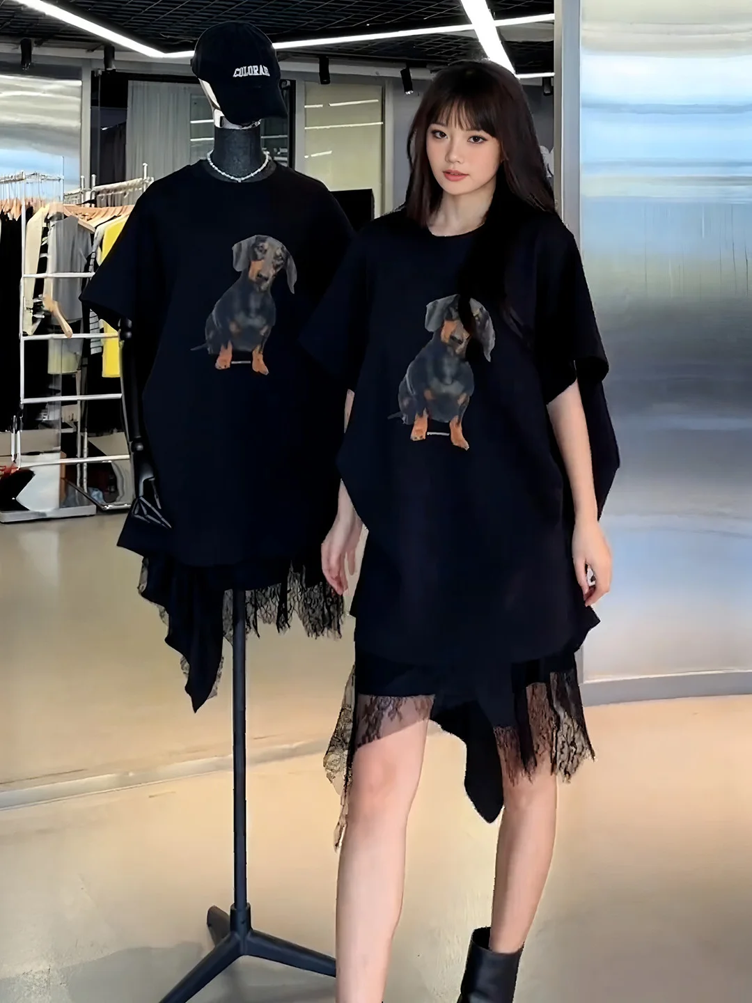 plus Size Women's American Retro Black Short Sleeve T-Shirt Summer New Style Butt Covering Slimming Mid-Length Top