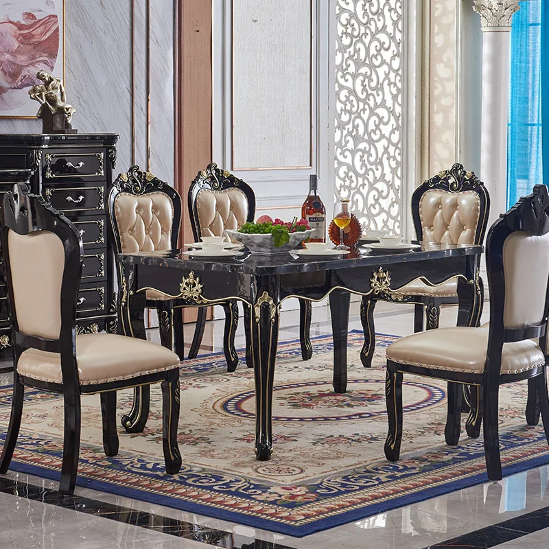 

European table ebony American table chair combination marble face high-grade solid wood carved rectangular table
