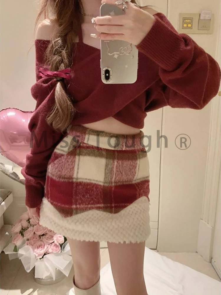 Christmas Sweet knitted Two Piece Set Women Off Shoulder Sexy Plaid Skirt Suit Famale Korean Fashion Casual Chic Set 2024 Winter