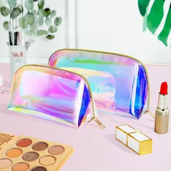 Large Capacity TPU Makeup Bag Transparent Waterproof Laser Color Portable Semi-circular Toiletry Storage Bag for Bathroom Use