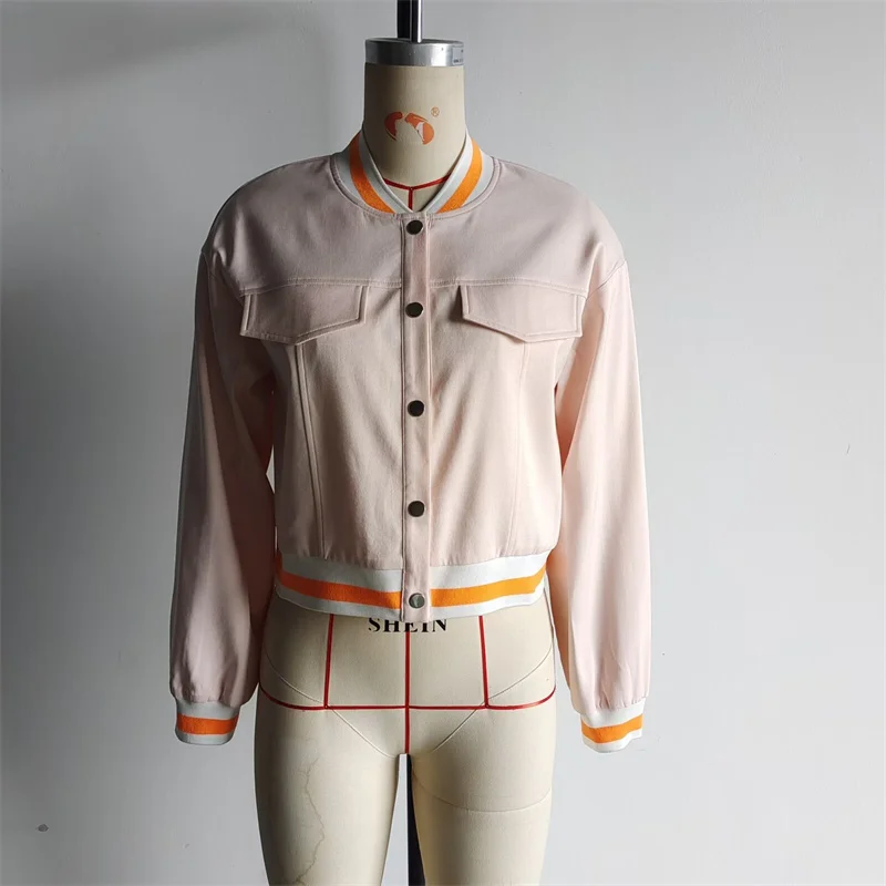 EllYANEllTIAN-Veste de Baseball à Boutonnage Simple pour Femme, Manteau Court, Doux, Rayé, Documents Assortis, Filetage à Vis, Automne 2024