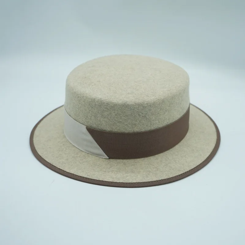 

Lady Wide Brim Fedora Hat Flat Top Boater Hat Pork Pie Hat with Band Beige wool hat