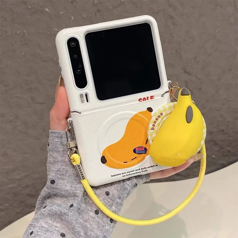 

Cute Banana Magnetic Holder Phone Case For Samsung Z Flip6 5 / Xiaomi Mix Flip Case with Hand Rope Shockproof Protective Cover