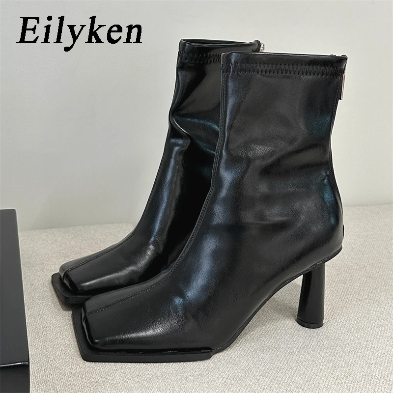 

Eilyken Autumn Cozy Soft PU Leather Ankle Boots Women Elegant Square Toe Stiletto Heels Fashion Zip Ladies Party Modern Shoes