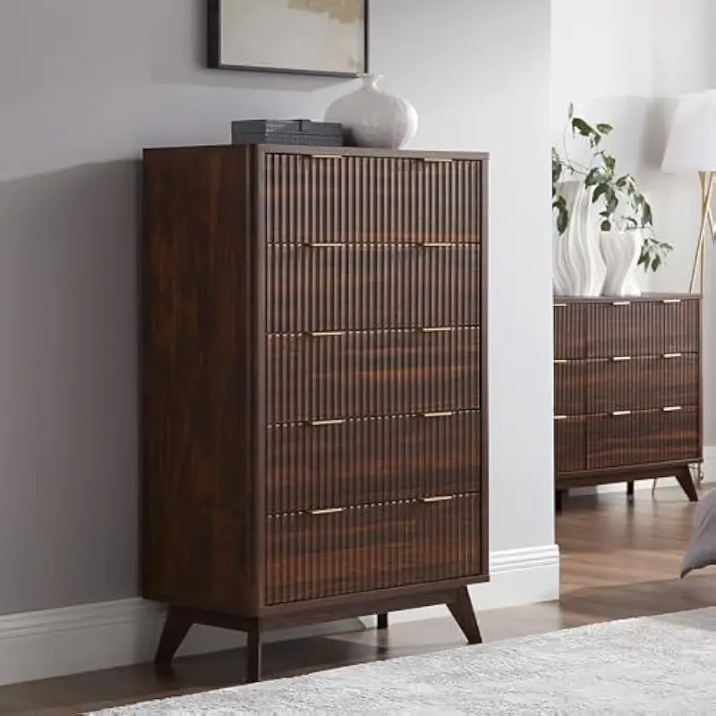48 Inch High Fluted Five Drawer Storage Cabinet with Dark Walnut Grain Finish Smooth Curved Edges Wide Metal Handles Splayed Leg