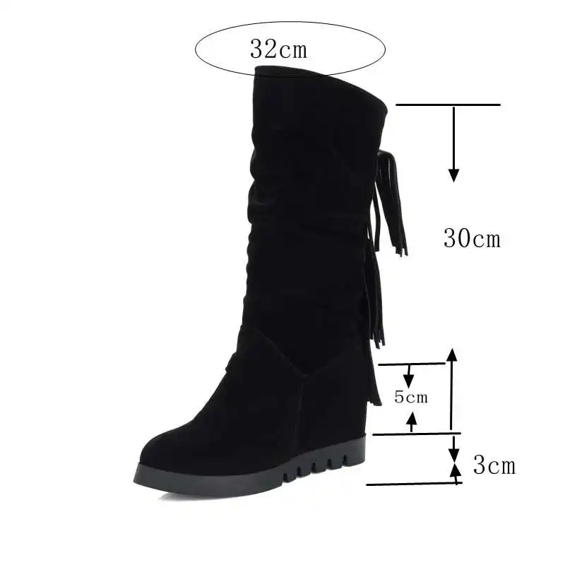 REAVE CAT Women Knee boots Slouchy Increasing heel Wedge Platform Flock Tassels Round toe Slip on Spring Autumn big size 43  12