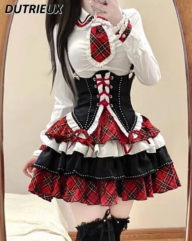 Sweet Lolita-Jupe courte bouffante à taille haute et manches longues, plaid