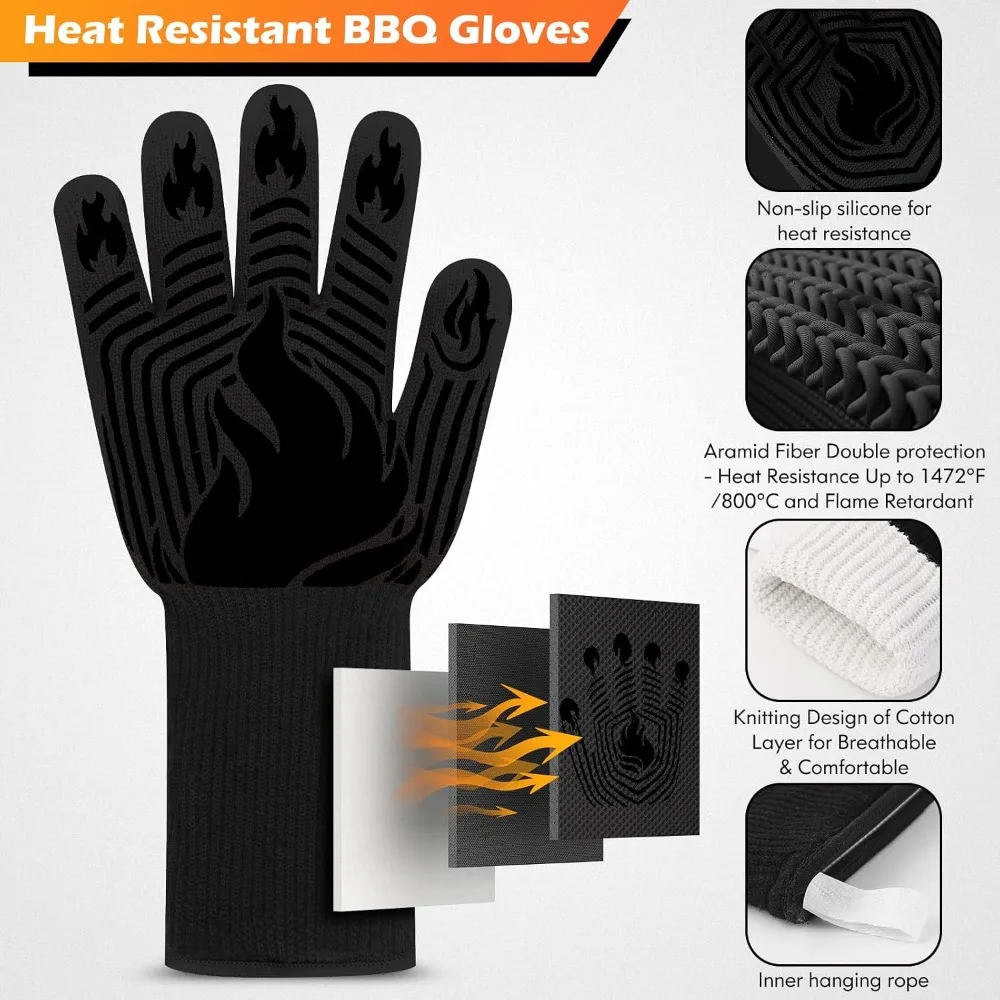 BBQ Gloves, 1472°F Heat Resistant Gloves Fireproof Mitts, Grilling Gloves Silicone Non-Slip Washable Oven Glove, Kitchen Glove for Barbecue, Grilling, Cooking, Baking, Camping, Smoker (Black)