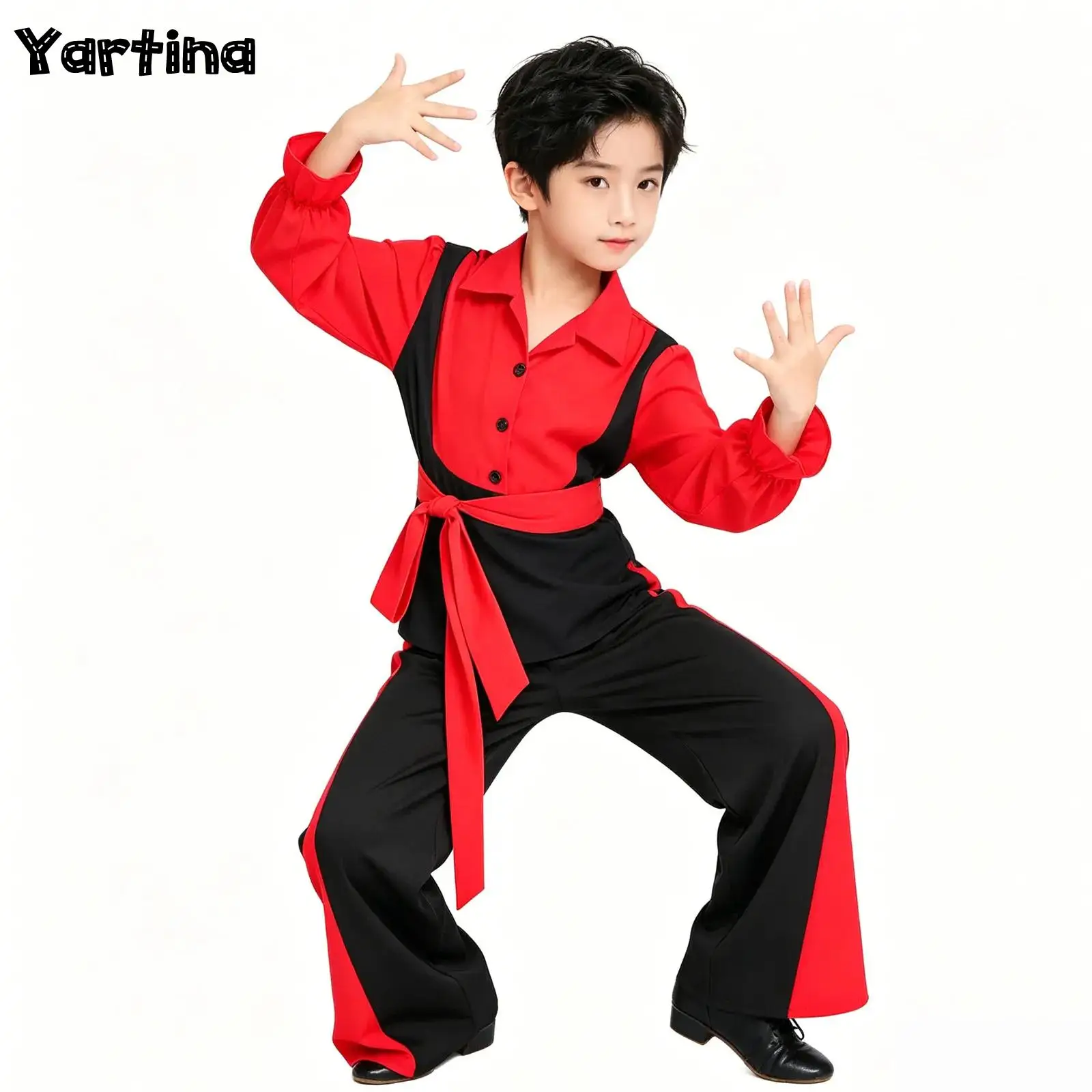 

Kids Boys Flamenco Jazz Dance Outfit Hip Hop Costume Turn-down Collar Long Puff Sleeve Pullover Shirt Tops with Pants And Belt