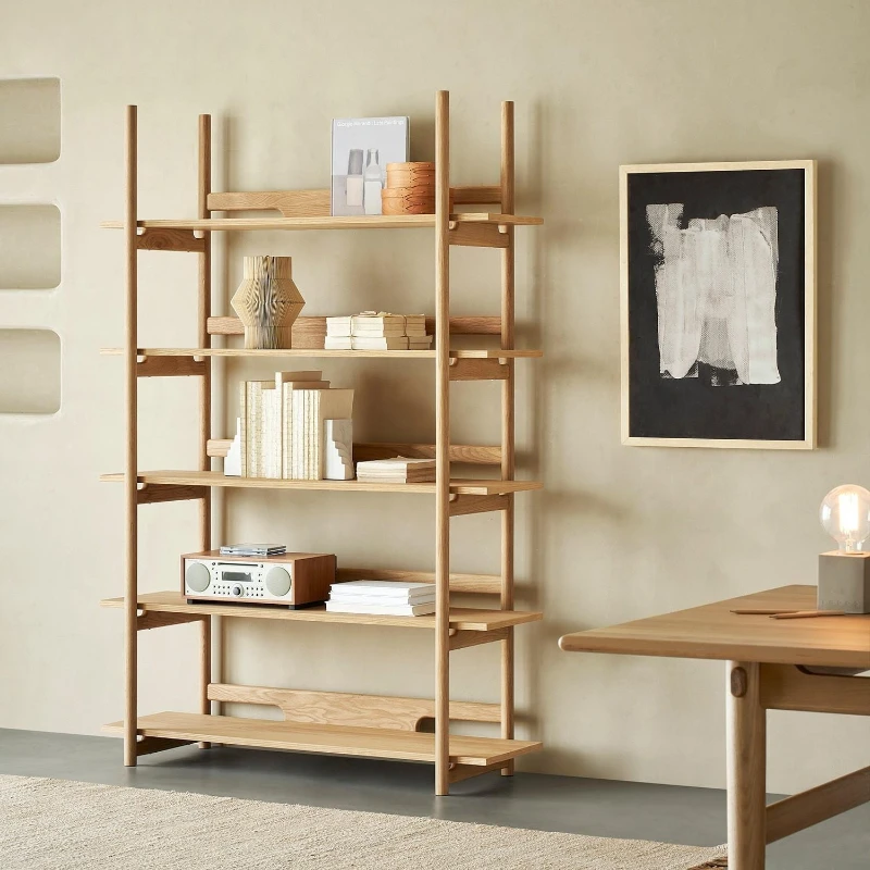 

Japanese-style bookshelf log color household living room integrated wall shelf solid wood bookcase