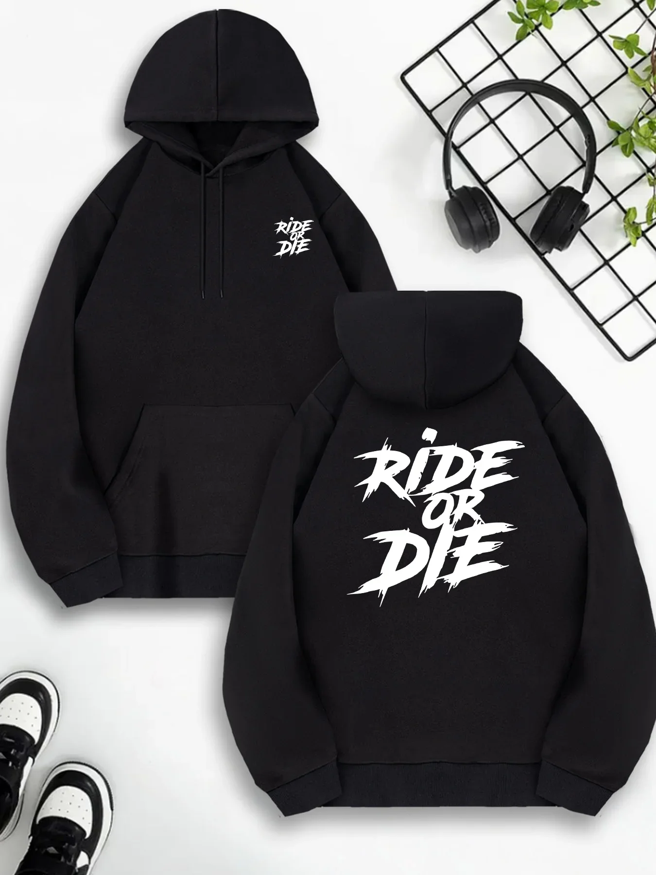 Men's Ride Or Die Sports Hoodie White Graffiti Letter Print Oversized Pullover Streetwear Sweatshirt Spring Autumn