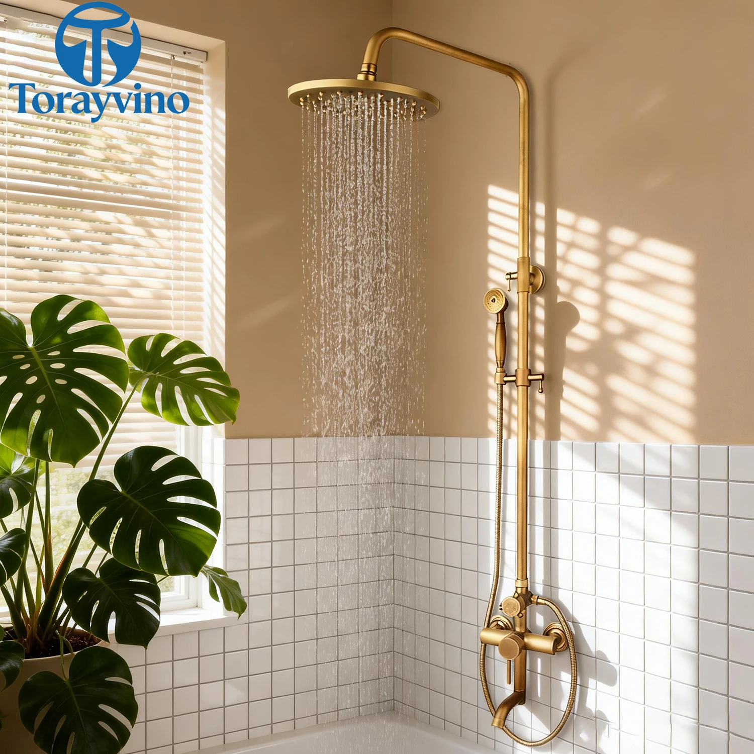 

Torayvino Antique Brass Bathroom Shower System Set Wall Mount Chuveiro Rain Shower Head Single Handle w/ Handshower Combo Kit