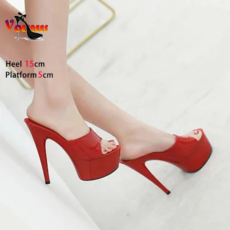 2024 Patent Leather Women Shoes Thin Heels Sexy Waterproof Platform High Heels Sandals Female Summer Slip On Slippers Size 43