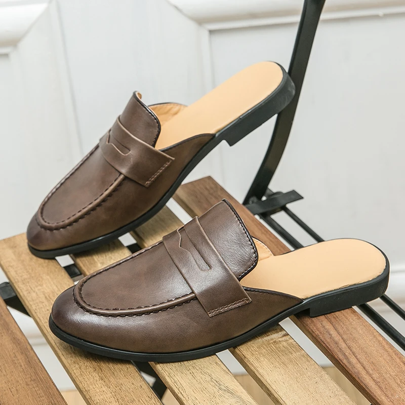 Men Fashionable Half-heeled Leather Shoes Casual Comfortable Bean Shoes Lazy Business Sandals From The United States Sizes 38-46