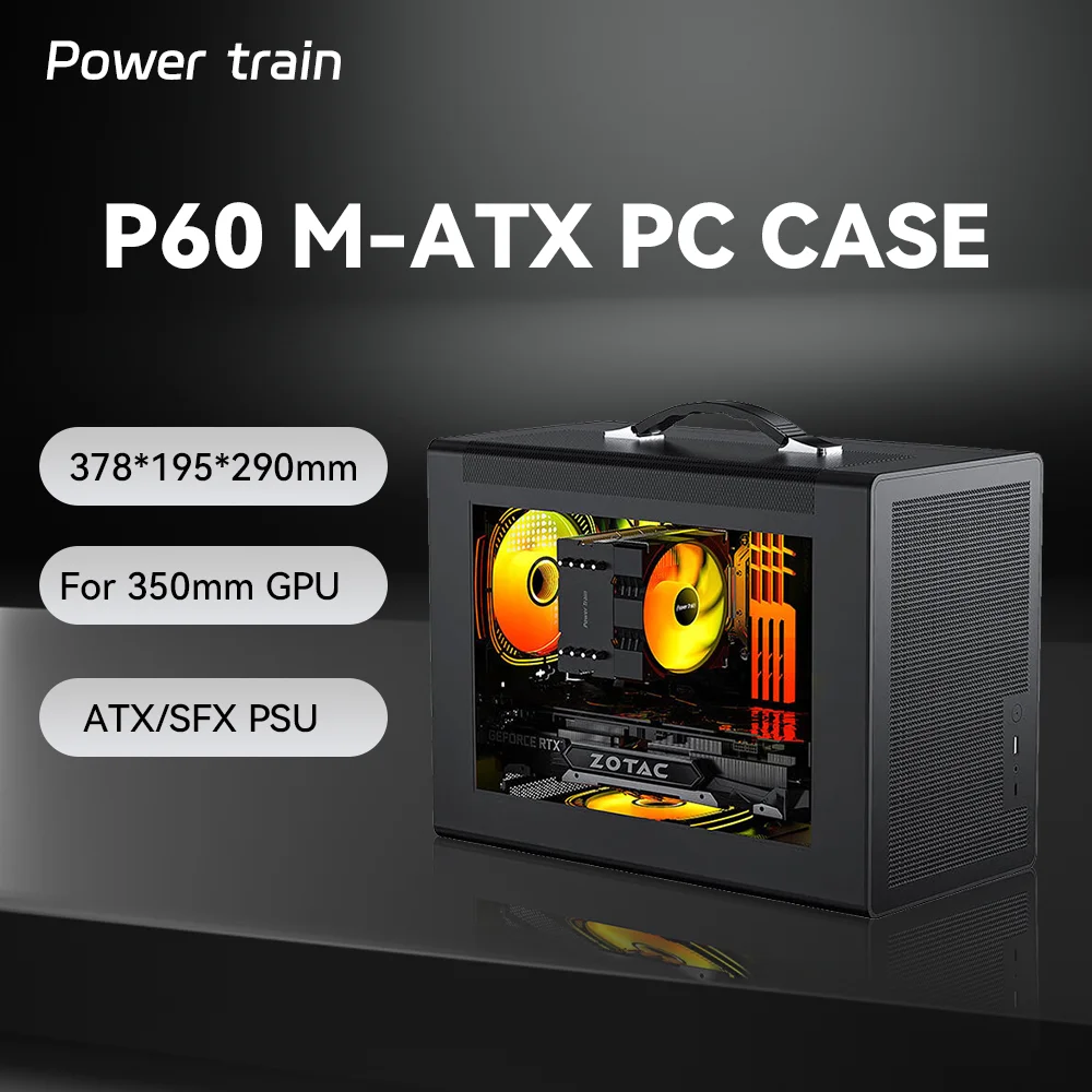 PowerTrain-P60ハンドル付きポータブルMatxスモールホスト、透明ケース、透明、コンパクト、ミニデスクトップ、ITX、ATX電源サポート、黒