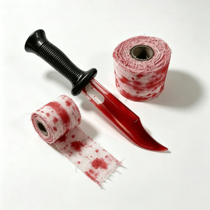 Halloween Fake Bloody Knife & 5M Bloody Bandage Set, Zombie Vampire Cosplay Prop, Horror Costume Accessory for Theme Party Decor