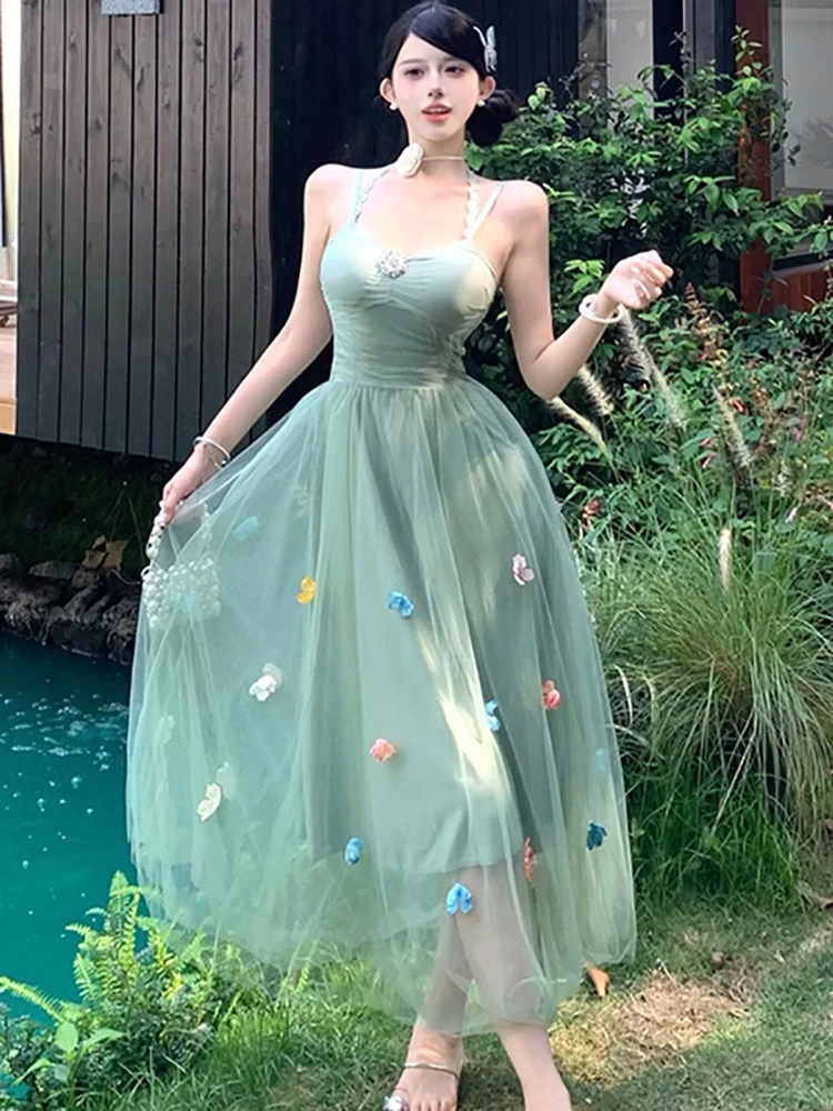 レディース グリーン メッシュ パッチワーク 花柄 スリング セクシー ロングドレス サマー エレガント ラグジュアリー イブニングドレス 2025 韓国 ボディコン フェスティバル ドレス