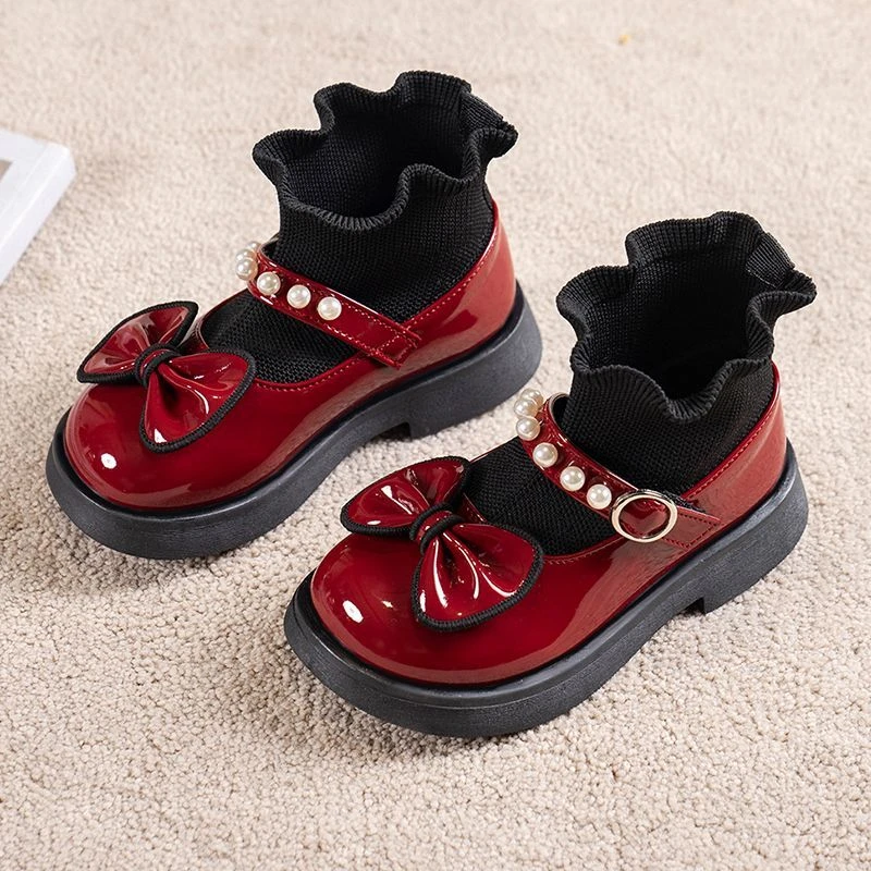 Girls' Fashion Little Leather Shoes Korean New Style 2025 Autumn Winter Warm Soft Bottom Bow Fashion Princess Academy Boots