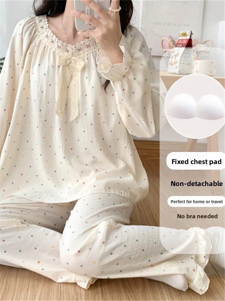 

Cloud Cotton Sleepwear Set Women's Spring Autumn New Style Long Sleeve Sweet Cute Polka Dot Home Clothes with Chest Pad
