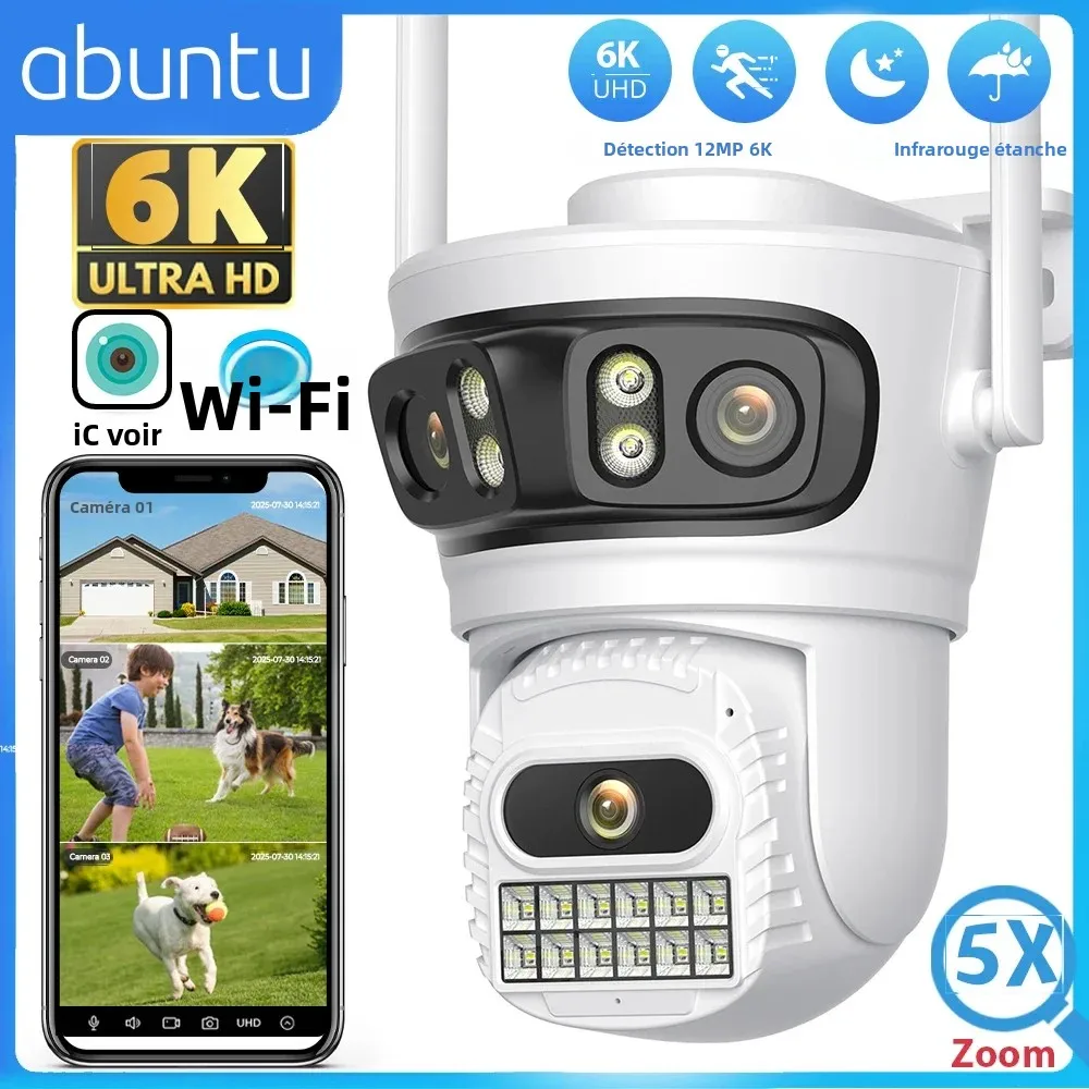 Caméra Wifi extérieure 12MP 6K ICsee caméra de Surveillance à trois écrans vision nocturne caméra de sécurité panoramique à Angle de vue Ultra grand