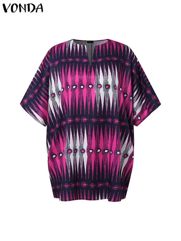 VONDA-elegante blusa estampada feminina, meia manga, tops com gola V, camisas boêmias extragrandes, moda verão, plus size, 2024