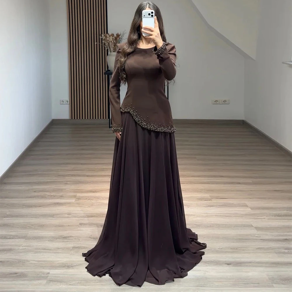 

Muslim A-Line Chiffon Formal Evening Dress Customized A-Line Long Sleeves with O-Neck Sweep Train Saudi Pageant Party Gowns