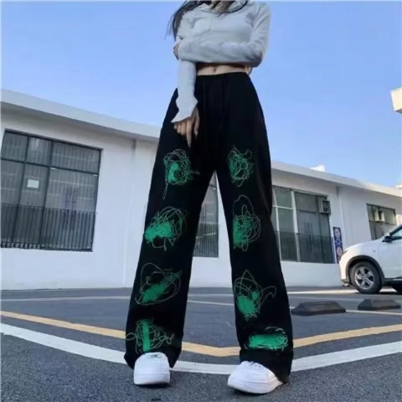 

Y2k Hip Hop Women Green Graffiti Print Casual Pants Spring Autumn Vintage Pocket Elastic Waist Streetwear Fashion Loose Trousers