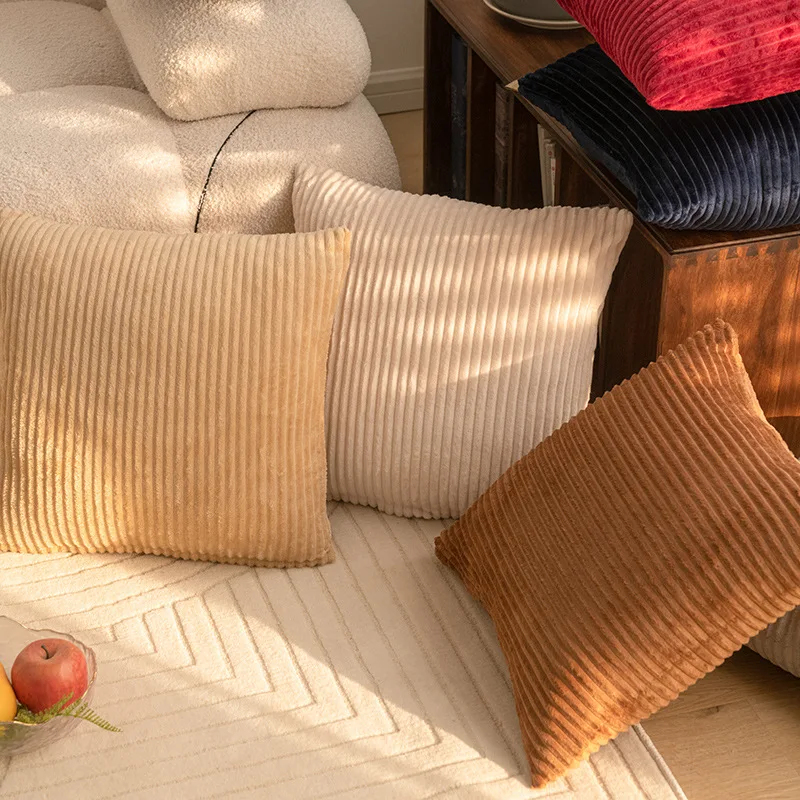 2026 Striped Faux Fur Throw Pillow Covers Boho Soft Solid Square Plush Pillowcase Home Living Room Sofa Couch Cushion Decoration