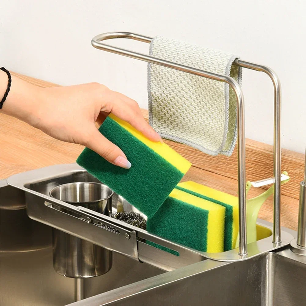 Kitchen Sink Organizer Telescopic Sink Shelf Soap Sponge Holder Towel Hanger Sink Drain Rack With Drainer Basket Kitchen Gadgets