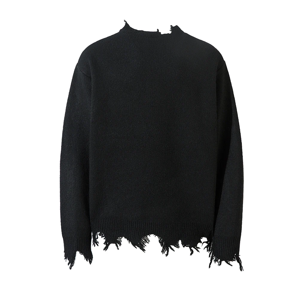 Half Zipper Frayed Hem Ripped Solid Knitted Sweaters Mens and Womens Autumn Baggy Pullover Sweater Oversized Loose Clothes