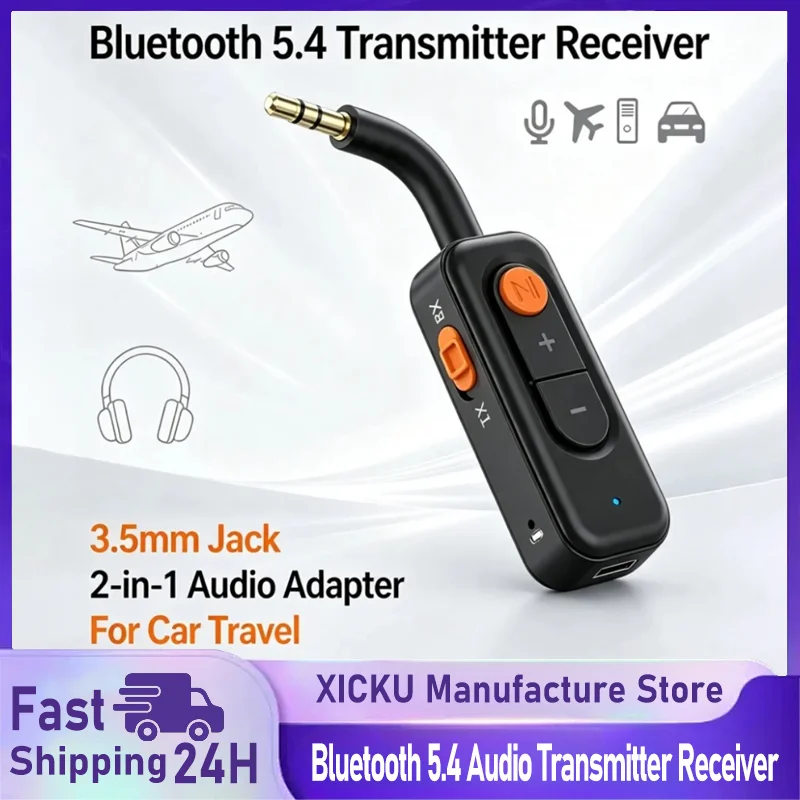 Bluetooth 5.4 Audio Transmitter Receiver 3.5MM AUX HD HiFi Stereo Music Wireless Adapter With Mic For Car Airplane TV PC Speaker