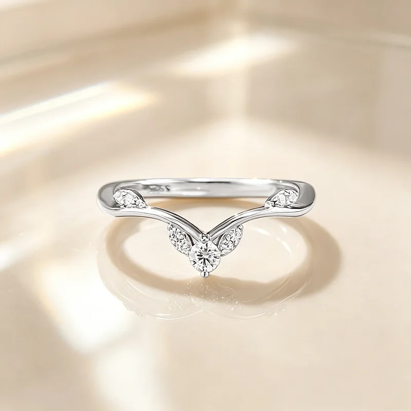 

S925 silver V-shaped ring inlaid with stackable ring, women's Instagram style simple and versatile jewelry