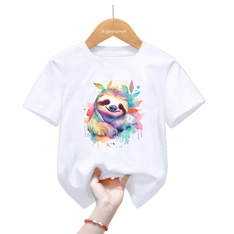 Funny Watercolor Sloth/Turtle/Bird/Deer Printed T Shirt For Girls/Boys Harajuku Kawaii Kids Clothes Summer Fashion T-Shirt