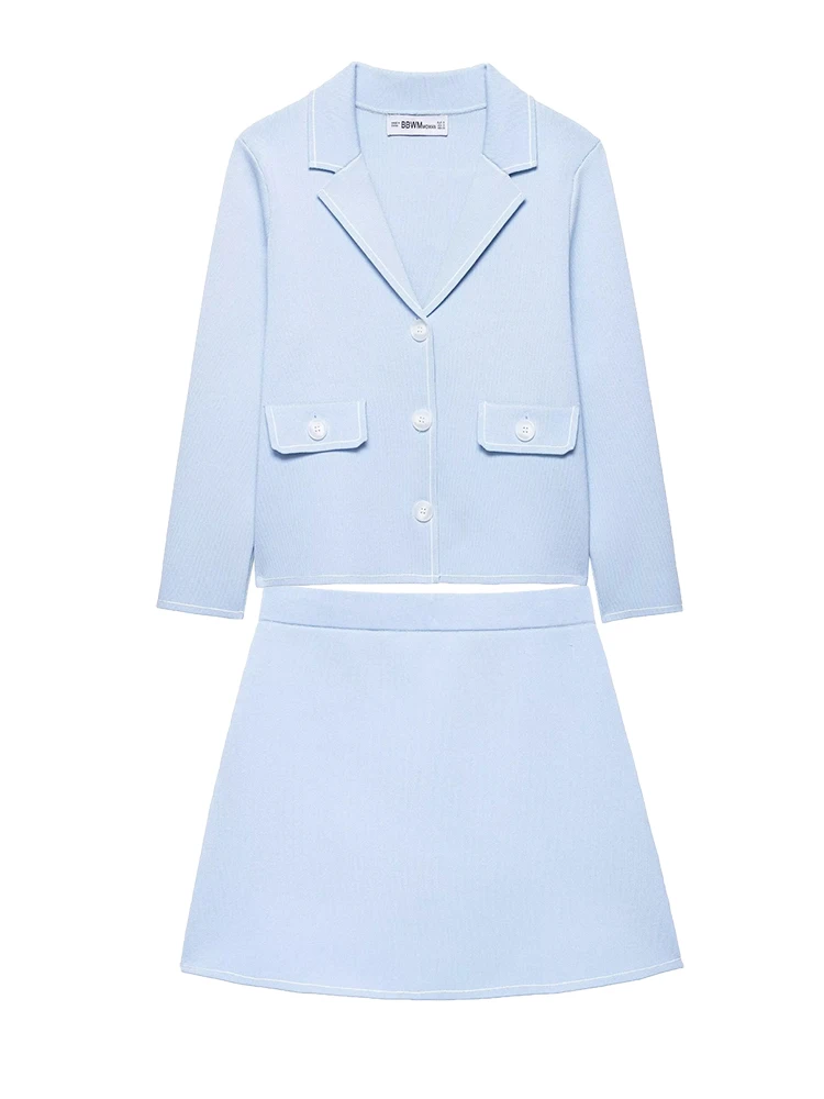 

2 PCS Women Blue Skirt Suit Summer Casual V-neck Sleeveless Slim Tank Tops + Mini Stright Bodycon Skirts Grils Slim Outwear Set