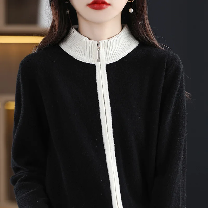 100% Wool Women Clothing Fashion All-match Patchwork Knit Cardigan Autumn Winter New Casual Loose zipper Sweaters Lady  Tops