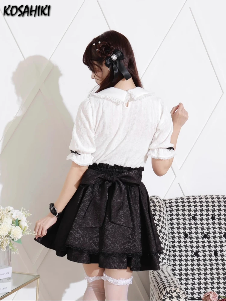 Japanese Sweet Girl High Waist Mini Lolita Skirt Y2k Aesthetic Women Kawaii Cute Bow Faldas Streetwear Jk Lace Patchwork Skirts