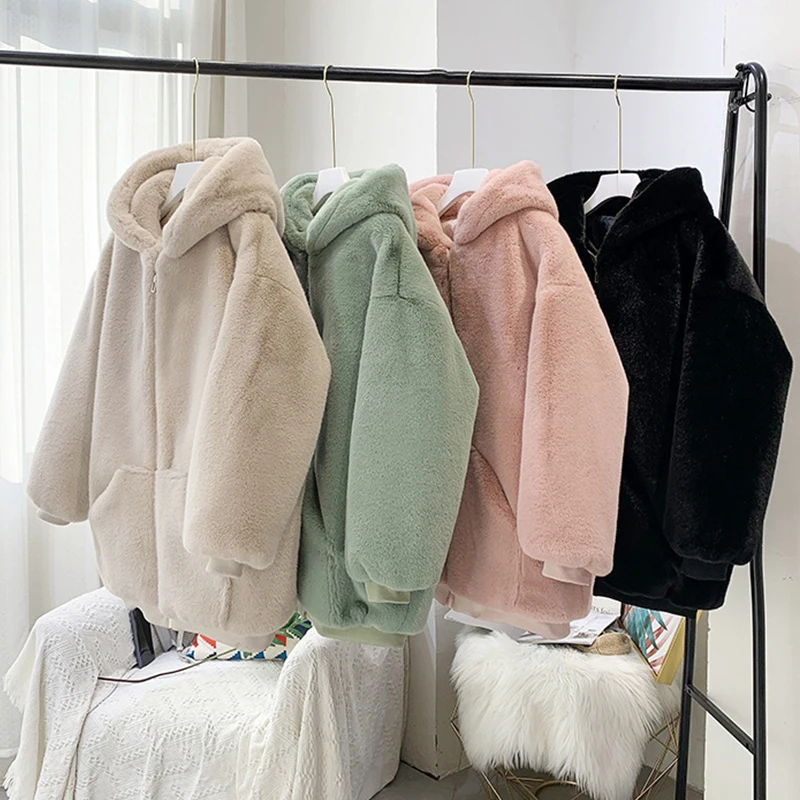 Elegant Lady Mink Fur Coat Zipper Hooded Jacket Women's Faux Fur Overcoat Harajuku Oversize Loose Jackets and Coats Korean