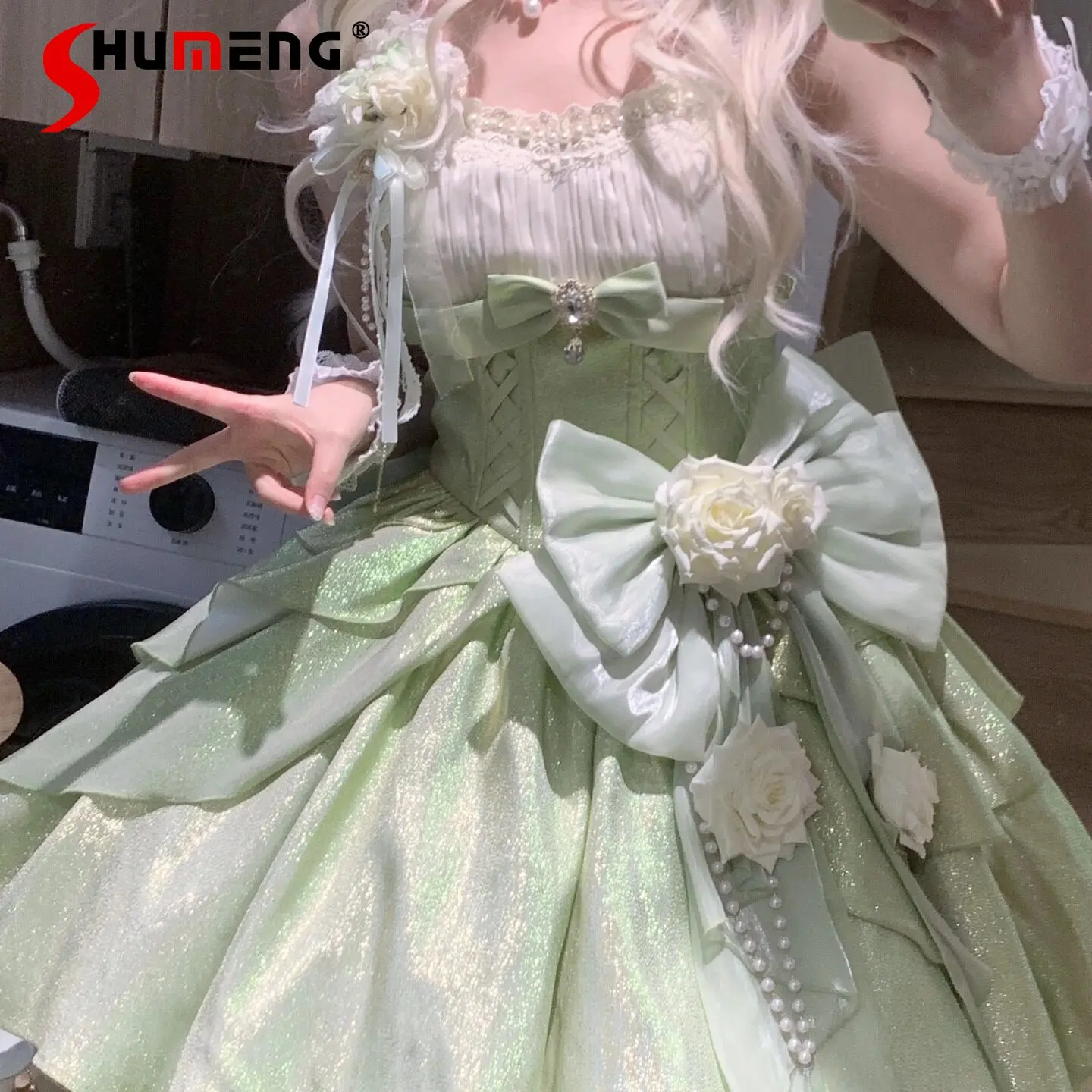 

Lolita Dress for Women Sweet Elegant Cut Bow Train Rose Pearl Chain Short Dress Princess Birthday Party Ball Gown Evening Dress