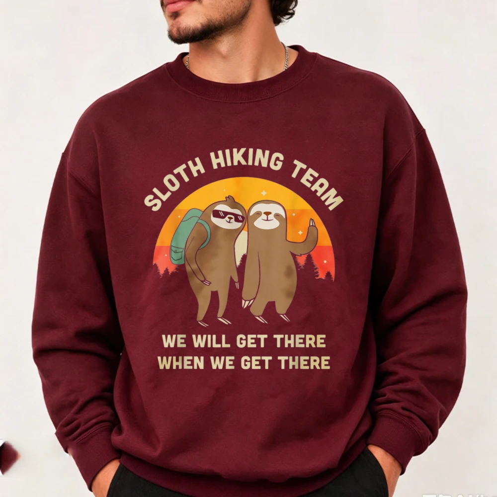 Sloth Hiking Team We Will Get There When We Get There Graphic Sweatshirt Vintage Sunset Funny Hiker Print Soft Casual Pullover