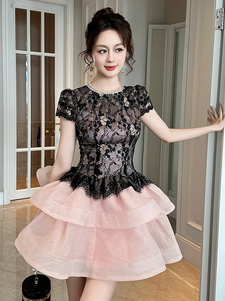 Women's Vintage French Cake Dress Exquisite Socialite Black Pink Patchwork Lace Hook Flower Hollow Ruffles Gown Party Vestidos