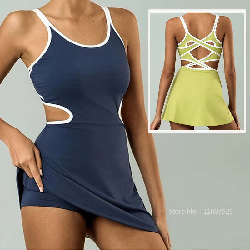 Women Sport Tennis Dresses with Bra and Shorts Slim Hollow Out Waist Dress for Athletic Golf Badminton Pickleball Leisure Skirts